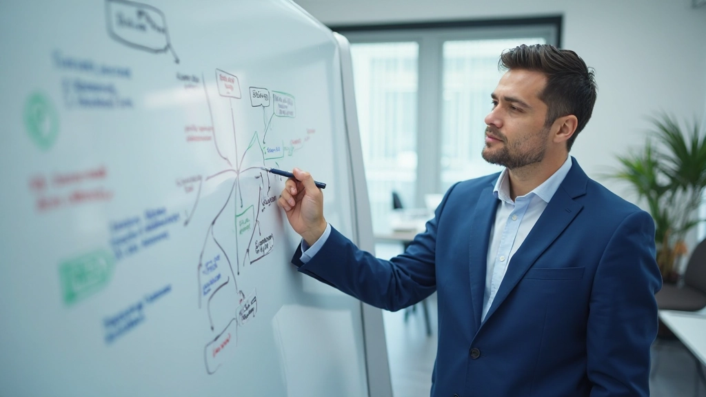 Профессиональное фото специалиста, работающего с интеллект-картой на доске