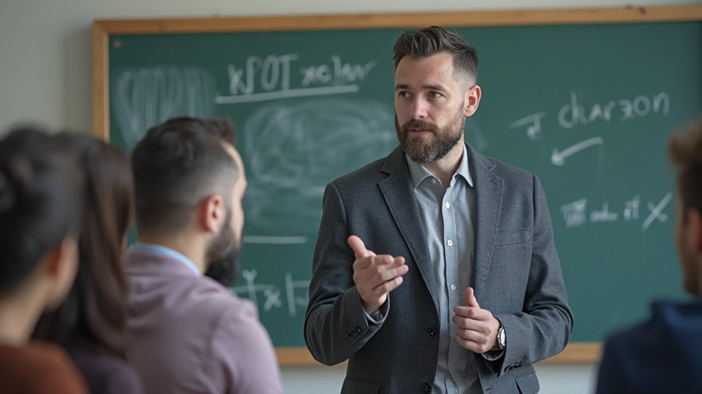 Профессор объясняет структуру памяти мозга с использованием диаграмм на доске в аудитории