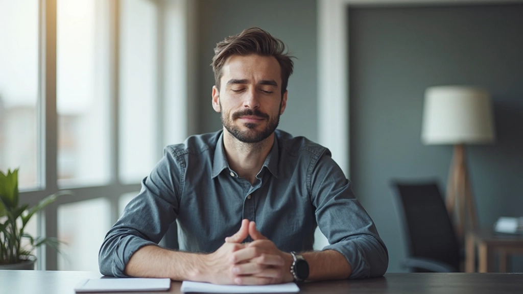 Спокойный офис с человеком, практикующим медитацию за рабочим столом