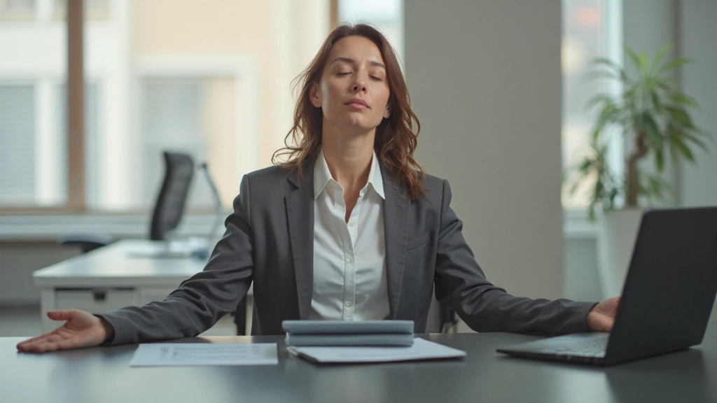 Профессионал занимается медитацией и концентрацией внимания в офисе