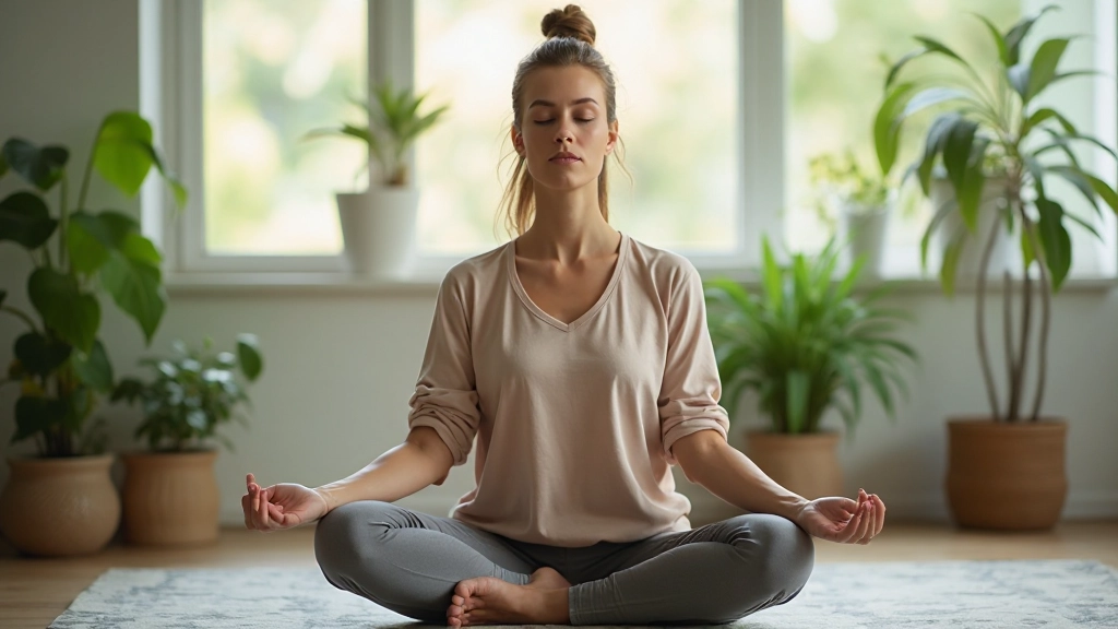 Женщина практикует медитацию в спокойной обстановке с растениями